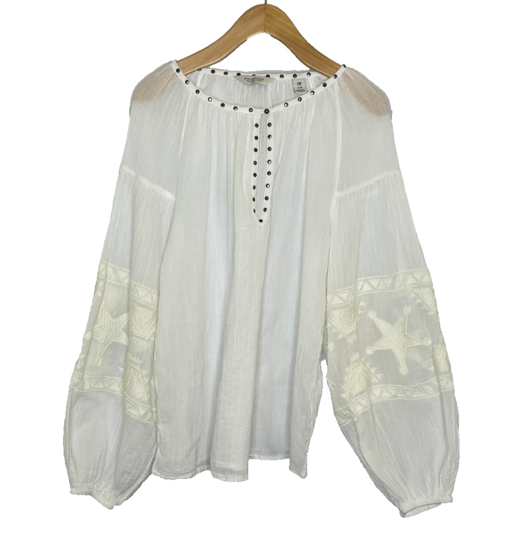 Women's Small Scotch & Soda White Boho Peasant Blouse Embroidered Grommets